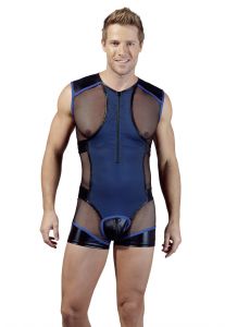 Sexy Body Catsuit da Uomo Blu e Nero con Inserti Tulle Trasparente Svenjoyment