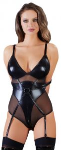 Body Sexy Lingerie Bondage in Wetlook nero con zip apribili e manette braccia